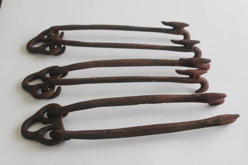 photo of old harpoon shape wrought iron hooks double hangers, antique vintage farm tool or implement hardware  #6