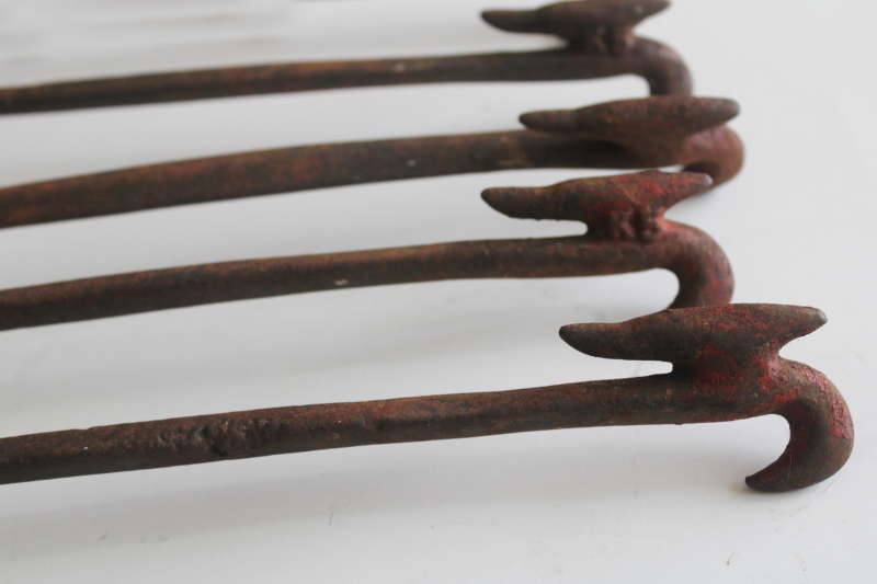 photo of old harpoon shape wrought iron hooks double hangers, antique vintage farm tool or implement hardware  #8