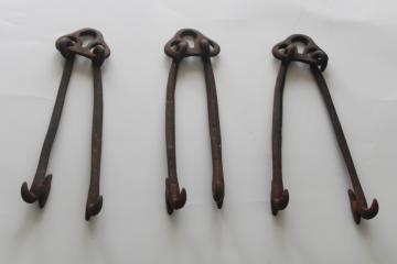 old harpoon shape wrought iron hooks double hangers, antique vintage farm tool or implement hardware 