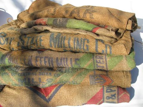 photo of old hessian cloth gunny sacks, vintage burlap feed grain bags lot #1