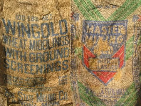 photo of old hessian cloth gunny sacks, vintage burlap feed grain bags lot #3