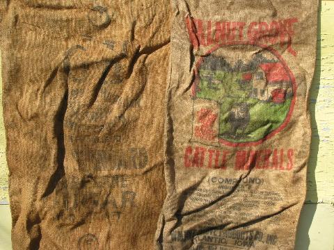 photo of old hessian cloth gunny sacks, vintage burlap feed grain bags lot #4