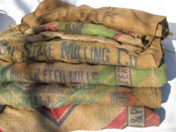 catalog photo of old hessian cloth gunny sacks, vintage burlap feed grain bags lot