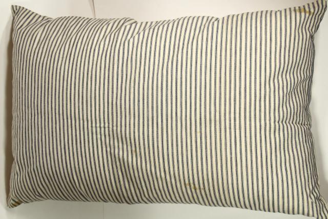 photo of old indigo blue striped cotton ticking, primitive country farmhouse vintage feather pillow #1