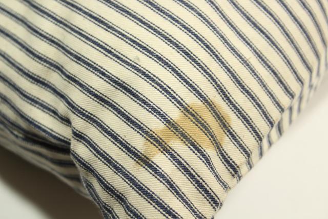 photo of old indigo blue striped cotton ticking, primitive country farmhouse vintage feather pillow #4