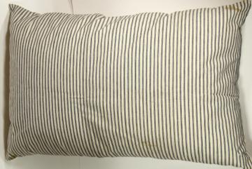 catalog photo of old indigo blue striped cotton ticking, primitive country farmhouse vintage feather pillow