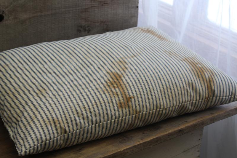 photo of old indigo blue striped cotton ticking, primitive country farmhouse vintage feather pillow #2