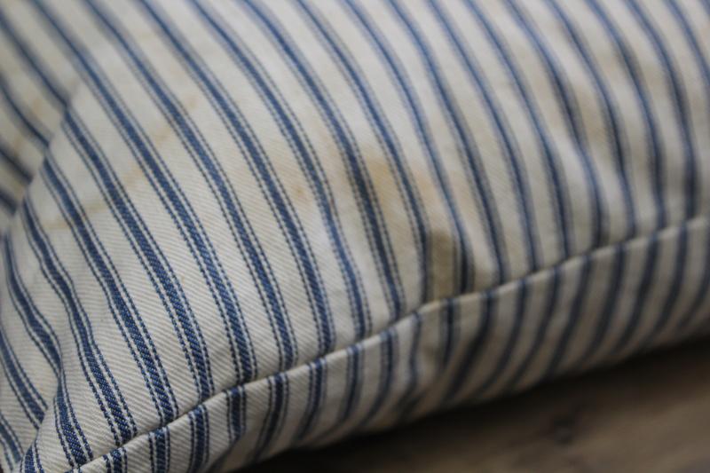 photo of old indigo blue striped cotton ticking, primitive country farmhouse vintage feather pillow #3