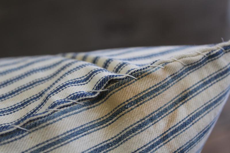 photo of old indigo blue striped cotton ticking, primitive country farmhouse vintage feather pillow #5