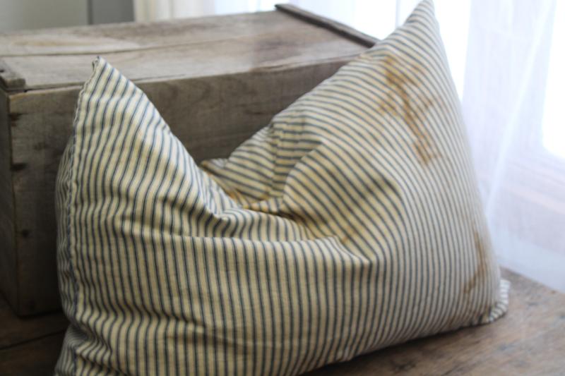 photo of old indigo blue striped cotton ticking, primitive country farmhouse vintage feather pillow #6