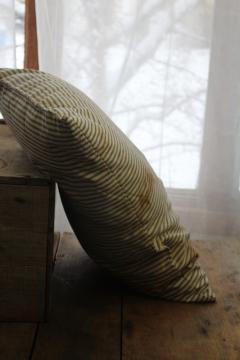 catalog photo of old indigo blue striped cotton ticking, primitive country farmhouse vintage feather pillow