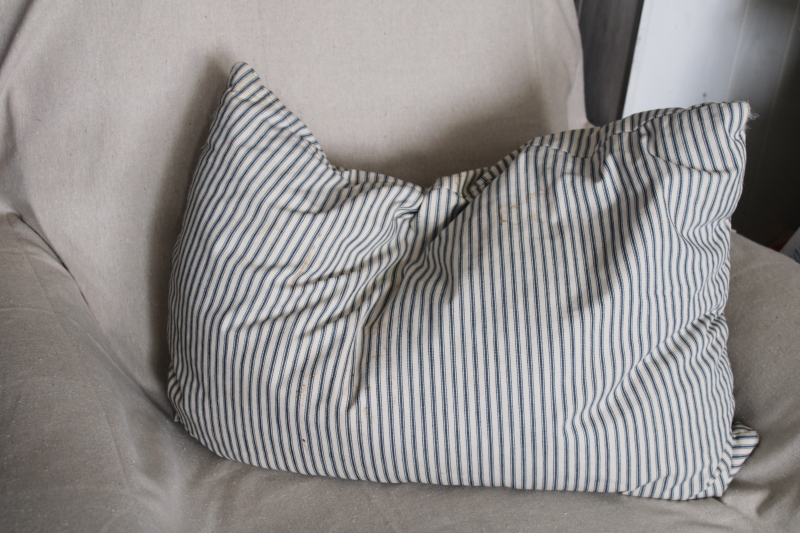 photo of old indigo blue striped ticking pillow, soft worn feather filled bed pillow, vintage farmhouse style  #1