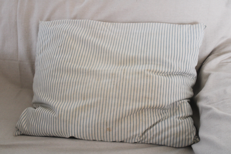 photo of old indigo blue striped ticking pillow, soft worn feather filled bed pillow, vintage farmhouse style  #2