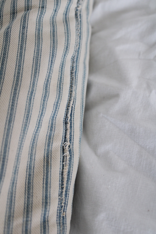 photo of old indigo blue striped ticking pillow, soft worn feather filled bed pillow, vintage farmhouse style  #3