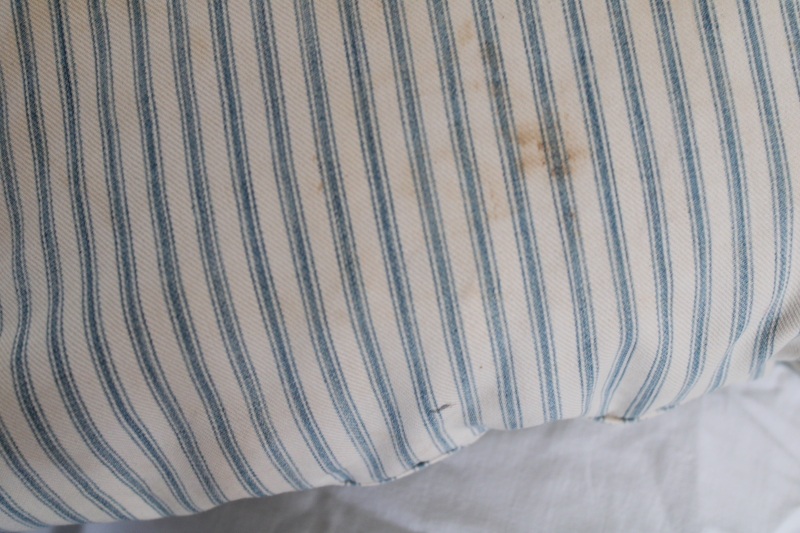 photo of old indigo blue striped ticking pillow, soft worn feather filled bed pillow, vintage farmhouse style  #4