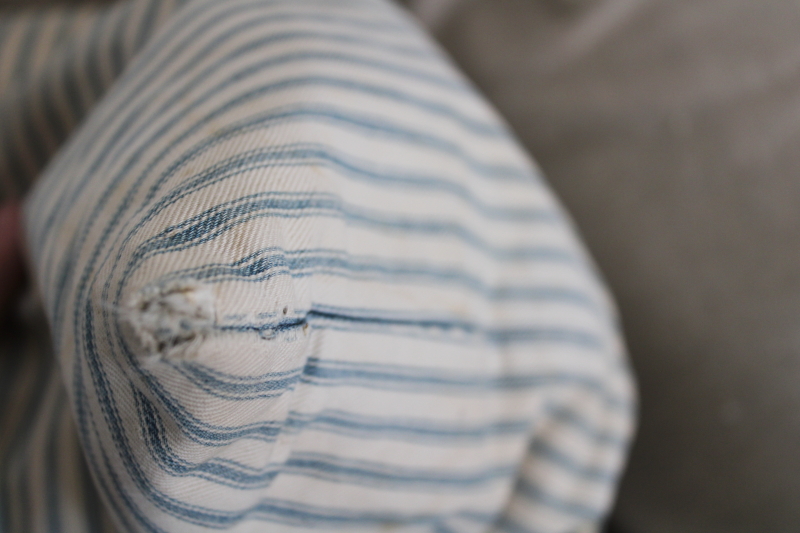 photo of old indigo blue striped ticking pillow, soft worn feather filled bed pillow, vintage farmhouse style  #5