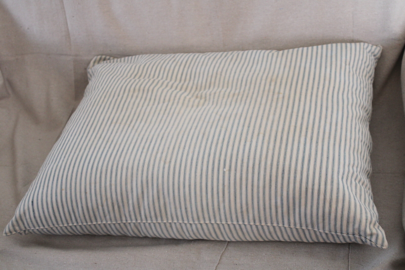 photo of old indigo blue striped ticking pillow, soft worn feather filled bed pillow, vintage farmhouse style  #6