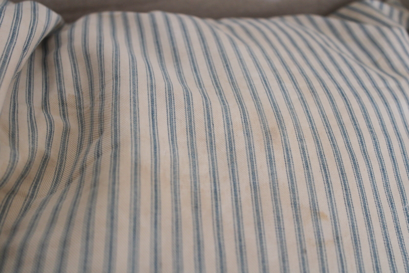 photo of old indigo blue striped ticking pillow, soft worn feather filled bed pillow, vintage farmhouse style  #7