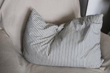 old indigo blue striped ticking pillow, soft worn feather filled bed pillow, vintage farmhouse style 