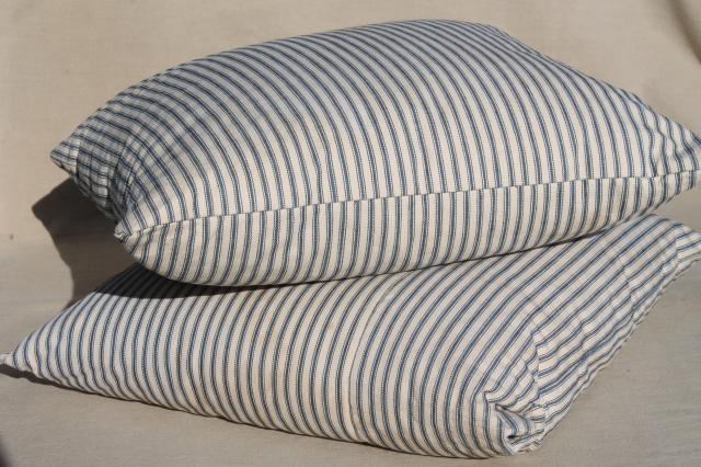 photo of old indigo blue striped ticking pillows, square feather pillow vintage seat cushions or toss pillows #1