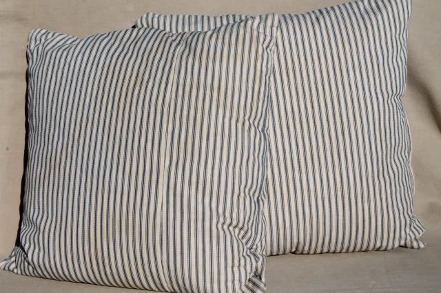 photo of old indigo blue striped ticking pillows, square feather pillow vintage seat cushions or toss pillows #2