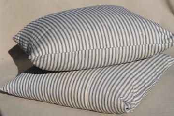 catalog photo of old indigo blue striped ticking pillows, square feather pillow vintage seat cushions or toss pillows