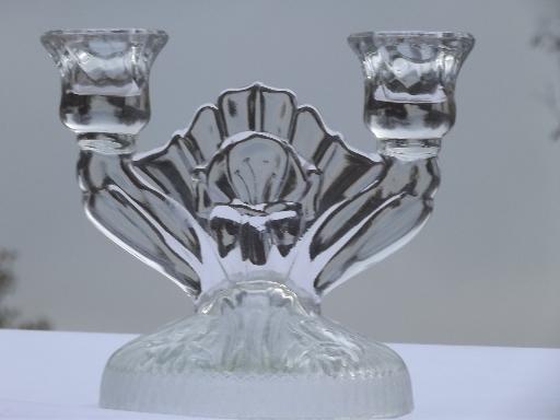 photo of old iris and herringbone glass candle holders, pair branched candlesticks #2