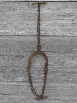catalog photo of old iron neck yoke chain collar, antique vintage barn stanchion tie for milk cow