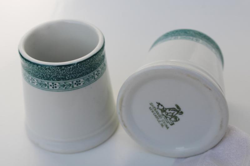 photo of old ironstone china spooners, vases, toothbrush holders? vintage Shenango teal green border #2