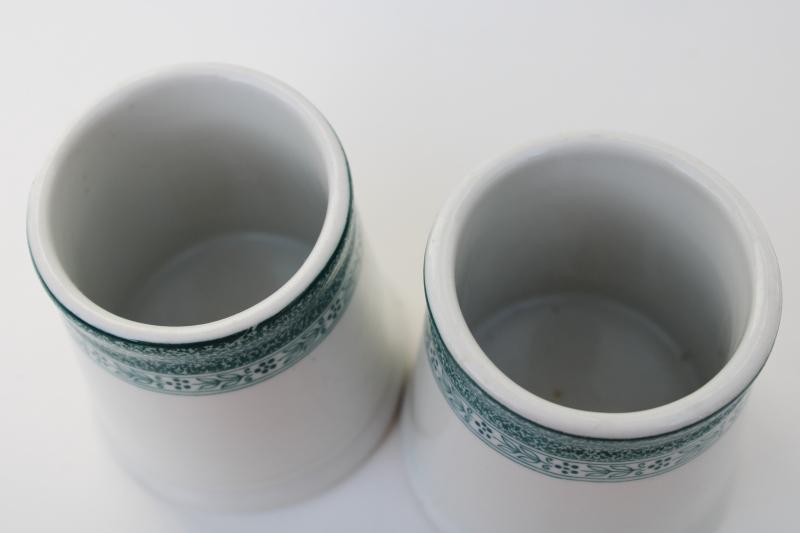 photo of old ironstone china spooners, vases, toothbrush holders? vintage Shenango teal green border #3