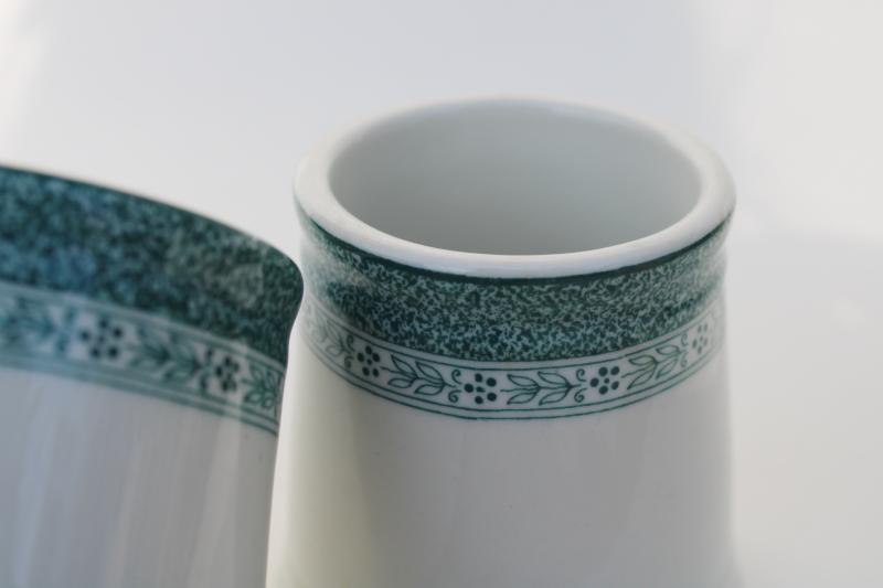 photo of old ironstone china spooners, vases, toothbrush holders? vintage Shenango teal green border #4