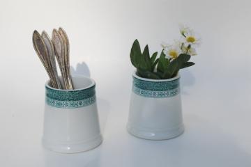 catalog photo of old ironstone china spooners, vases, toothbrush holders? vintage Shenango teal green border