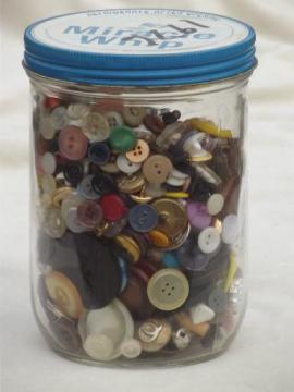 catalog photo of old jar full of buttons, vintage sewing button lot, mother of pearl