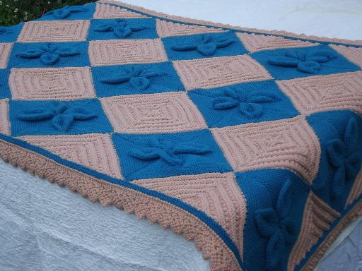 photo of old knitted wool counterpane blanket, southwest desert peach & turquoise #1