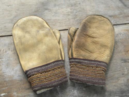 photo of old leather mittens wool fleece lined for motorcycle/hunter/trapper etc. #1