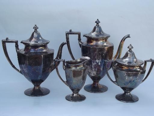 photo of old letter R monogram silver plate tea and coffee pot set, Sheffield design #1