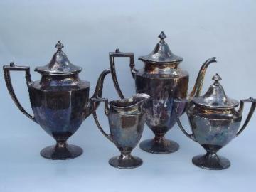 catalog photo of old letter R monogram silver plate tea and coffee pot set, Sheffield design