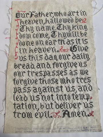 photo of old linen embroidery, the Lord's Prayer motto sampler #1