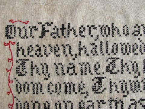 photo of old linen embroidery, the Lord's Prayer motto sampler #2