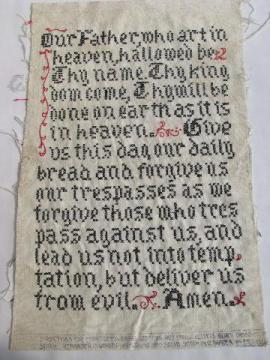 catalog photo of old linen embroidery, the Lord's Prayer motto sampler