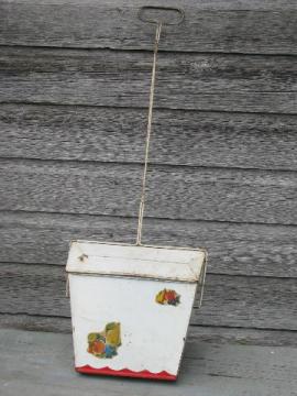 catalog photo of old long handle kitchen dust pan, vintage red & white paint w/ fruit