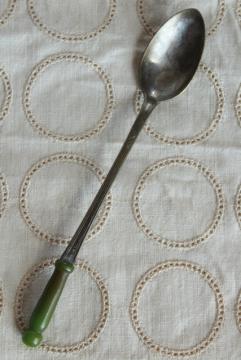 catalog photo of old long handled silver spoon w/ spinach green bakelite handle, pickle or olive spoon