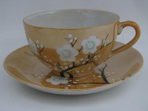 photo of old luster china cups and saucers w/ handpainted plum blossom, made in Japan #2