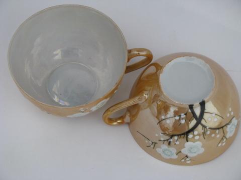 photo of old luster china cups and saucers w/ handpainted plum blossom, made in Japan #4