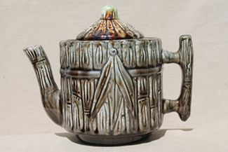 catalog photo of old majolica type pottery teapot w/ bamboo pattern, 1800s vintage Taft potteries New Hampshire