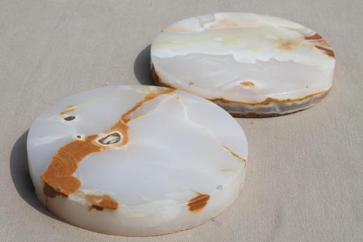 photo of old marble or onyx slab display bases, pair of large round polished stone stands #1