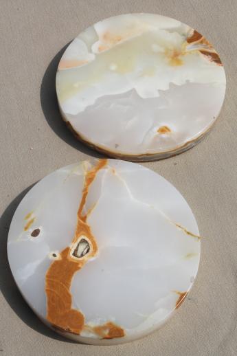 photo of old marble or onyx slab display bases, pair of large round polished stone stands #2