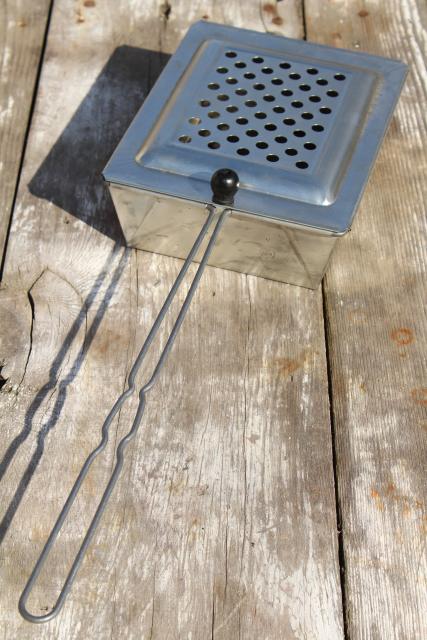 photo of old metal basket popcorn popper w/ wire handle, vintage campfire / fireplace corn popper  #1