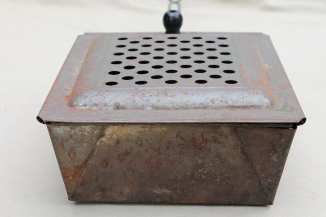 photo of old metal basket popcorn popper w/ wire handle, vintage campfire / fireplace corn popper  #7