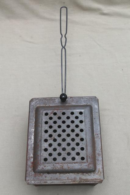 photo of old metal basket popcorn popper w/ wire handle, vintage campfire / fireplace corn popper  #10